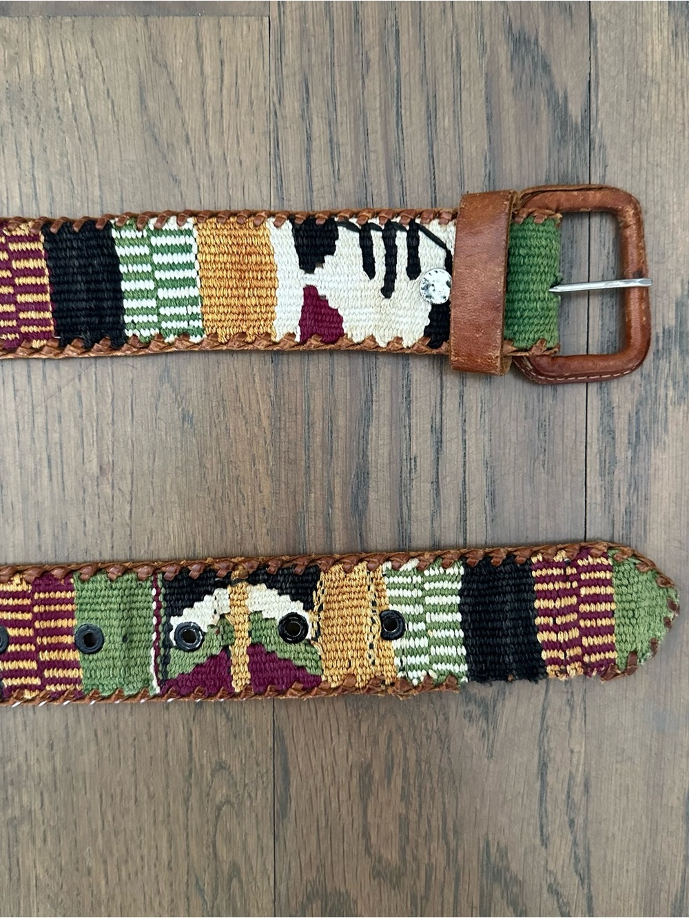 Anthropologie Vintage Embroidered Leather Belt Camel Muted Multicolor 32 / M